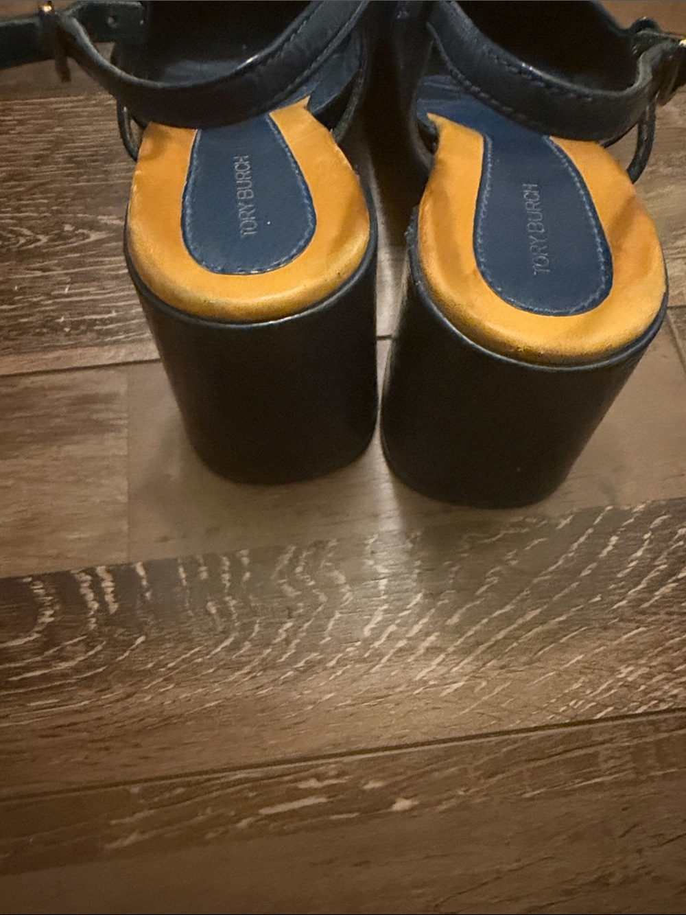 Tory Burch Navy and Yellow Slingback Logo Heels - Picture 5 of 8